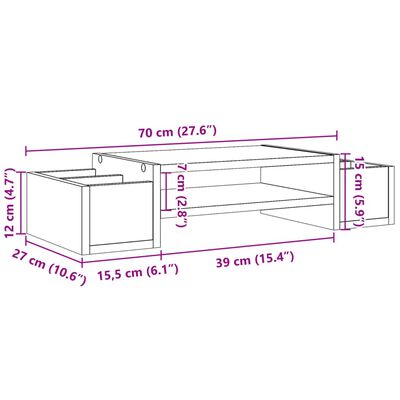 vidaXL Podstawka pod monitor, z przegrodami, opalany dąb, 70x27x15 cm