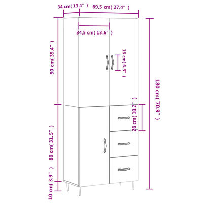 vidaXL Witrynka biała połysk 69,5x34x180 cm materiał drewnopochodny