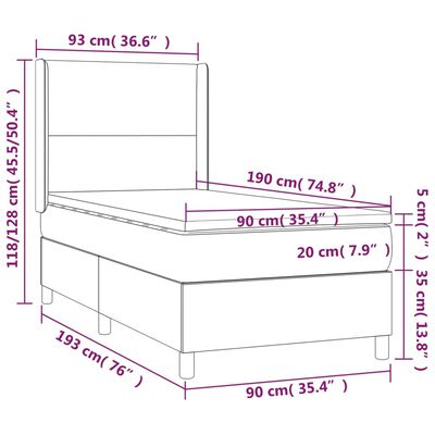 vidaXL Łóżko kontynentalne z materacem i LED, szare 90x190 cm, aksamit