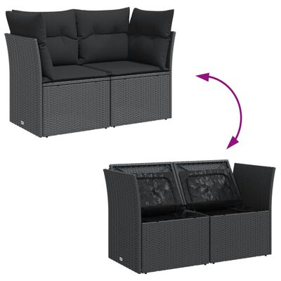 vidaXL Sofa ogrodowa z poduszkami, 2-osobowa, czarna, polirattan