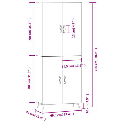 vidaXL Witrynka, szarość betonu 69,5x34x180 cm materiał drewnopochodny