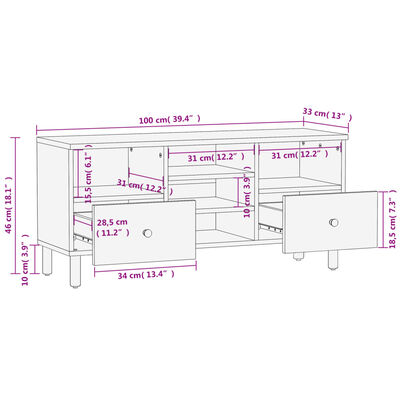 vidaXL Szafka pod telewizor, czarna, 100x33x46 cm, lite drewno mango