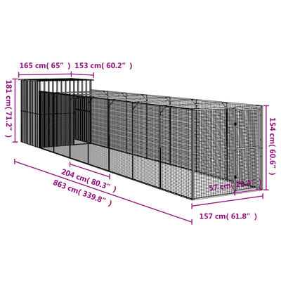 vidaXL Buda dla psa, z wybiegiem, jasnoszara, 165x863x181 cm, stal