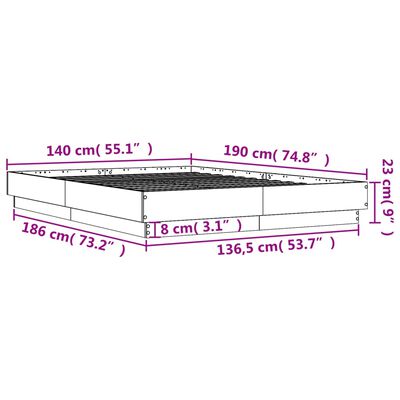 vidaXL Rama łóżka z oświetleniem LED, szary dąb sonoma, 140x190 cm