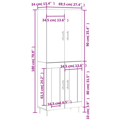 vidaXL Witrynka, szarość betonu 69,5x34x180 cm materiał drewnopochodny