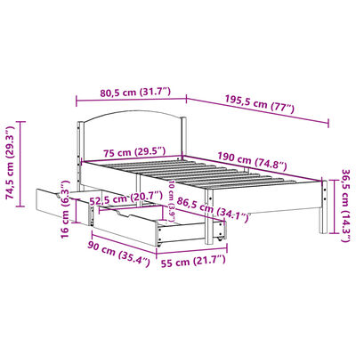 vidaXL Rama łóżka bez materaca, 75x190 cm, lite drewno sosnowe