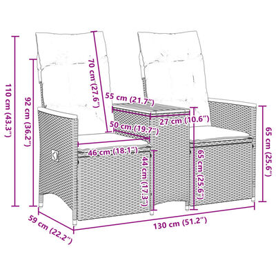 vidaXL Rozkładana sofa ogrodowa ze stolikiem, 2-os., szara, rattan PE