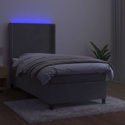 vidaXL Łóżko kontynentalne z materacem i LED, szare 90x190 cm, aksamit