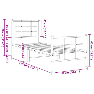 vidaXL Metalowa rama łóżka z wezgłowiem i zanóżkiem, czarna, 75x190 cm