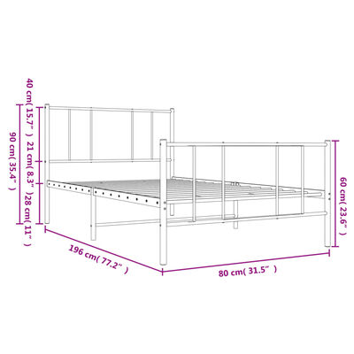 vidaXL Metalowa rama łóżka z wezgłowiem i zanóżkiem, biała, 75x190 cm