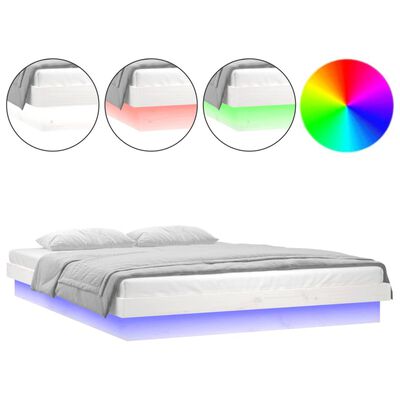 vidaXL Rama łóżka z LED, biała, 135x190 cm, podwójna, lite drewno