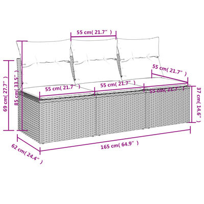 vidaXL Sofa ogrodowa z poduszkami, 3-osobowa, czarna, polirattan