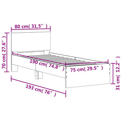 vidaXL Rama łóżka z wezgłowiem i LED, szary dąb sonoma, 75x190 cm