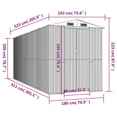 vidaXL Szopa ogrodowa, antracytowa, 192x523x223 cm, stal galwanizowana