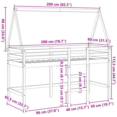 vidaXL Łóżko na antresoli, z drabiną i dachem, białe, 80x200 cm, sosna