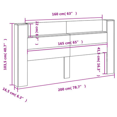 vidaXL Zagłówek z półką i LED, przydymiony dąb, 200x16,5x103,5 cm