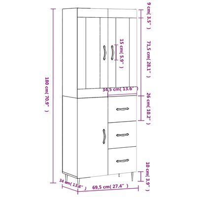 vidaXL Witrynka szary dąb sonoma 69,5x34x180cm materiał drewnopochodny