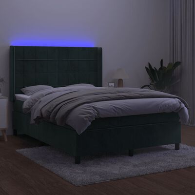 vidaXL Łóżko kontynentalne z materacem i LED zielony aksamit 140x190cm