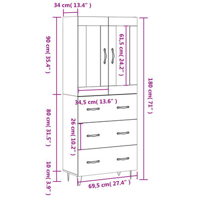 vidaXL Witrynka biała połysk 69,5x34x180 cm materiał drewnopochodny