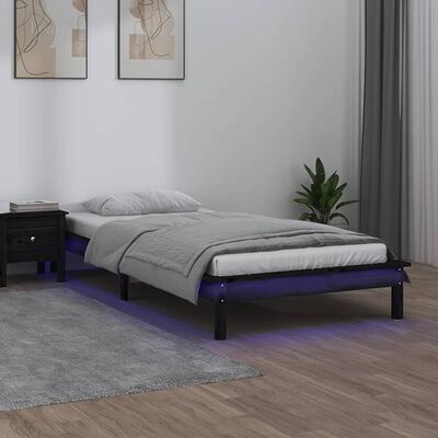 vidaXL Rama łóżka z LED, czarna, 90x190 cm, pojedyncza, lite drewno