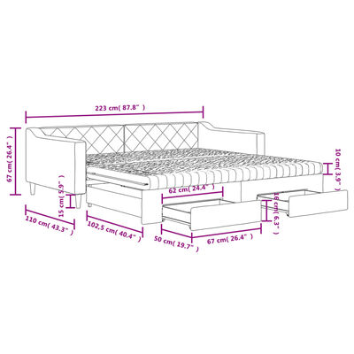 vidaXL Sofa rozsuwana z szufladami, jasnoszara, 100x200 cm, tkanina