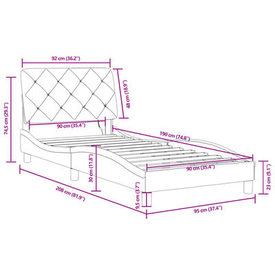 vidaXL Rama łóżka z oświetleniem LED, ciemnoszara, 90x190 cm, aksamit