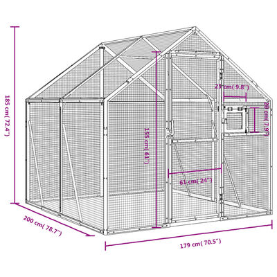 vidaXL Woliera, srebrna, 1,79x2x1,85 m, aluminium