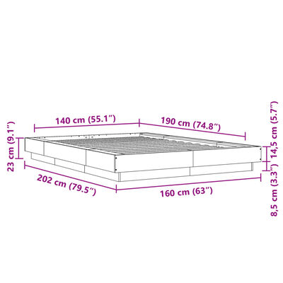 vidaXL Rama łóżka z LED, brązowy dąb, 140x190 cm