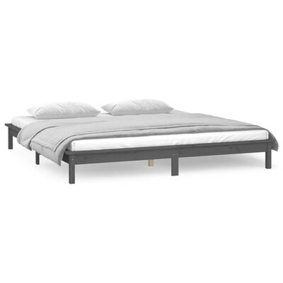 vidaXL Rama łóżka z LED, szara, 135x190 cm, podwójna, lite drewno
