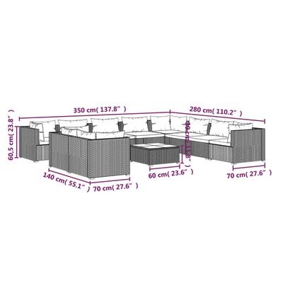 vidaXL 11-cz. zestaw wypoczynkowy do ogrodu, z poduszkami, rattan PE