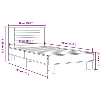 vidaXL Rama łóżka, czarna, 75x190 cm, materiał drewnopochodny i metal