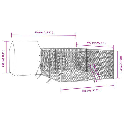 vidaXL Kojec dla psa, z dachem, srebrny, 6x6x2,5 m, stal galwanizowana