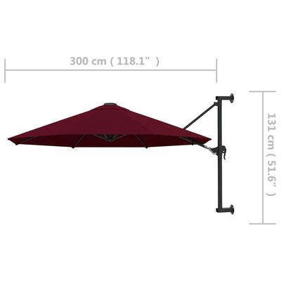 vidaXL Parasol ścienny na metalowym słupku, 300 cm, burgund