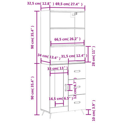 vidaXL Witrynka, szarość betonu 69,5x34x180 cm materiał drewnopochodny