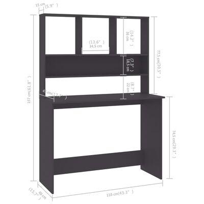 vidaXL Biurko z półkami, szare, 110x45x157 cm, materiał drewnopochodny