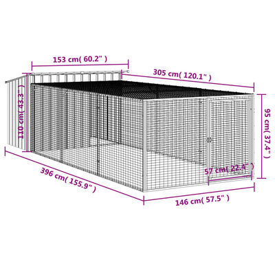 vidaXL Buda dla psa, z wybiegiem, antracytowa, 153x396x110 cm, stal