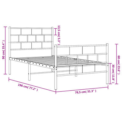 vidaXL Metalowa rama łóżka z wezgłowiem i zanóżkiem, biała, 75x190 cm