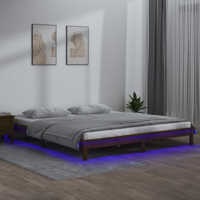 vidaXL Rama łóżka z LED, miodowa, 150x200 cm, King Size, lite drewno