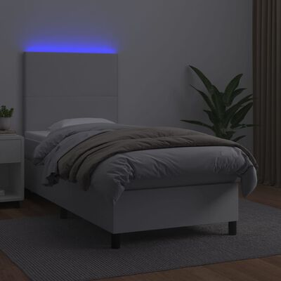 vidaXL Łóżko kontynentalne z materacem i LED, biała ekoskóra 90x200 cm