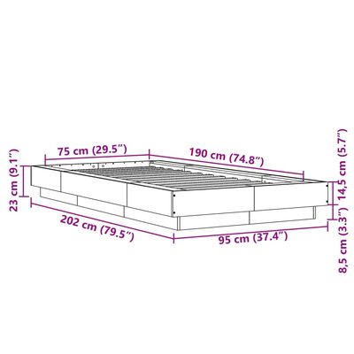 vidaXL Rama łóżka z LED, brązowy dąb, 75x190 cm