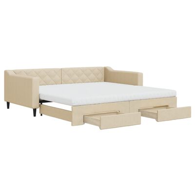 vidaXL Sofa rozsuwana z szufladami, kremowa, 100x200 cm, tkanina