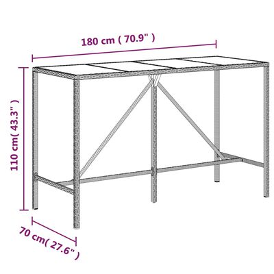 vidaXL Stolik barowy ze szklanym blatem, brązowy, 180x70x110 cm