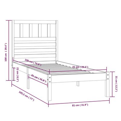 vidaXL Rama łóżka bez materaca, biała, 75x190 cm, lite drewno sosnowe