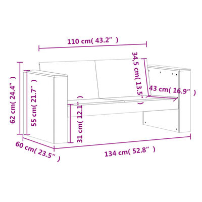 vidaXL Sofa ogrodowa, 2-osobowa, 134x60x62 cm, lite drewno sosnowe