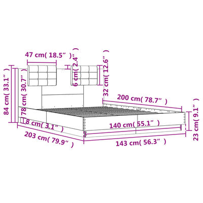 vidaXL Rama łóżka z wezgłowiem i LED, czarna, 140x200 cm