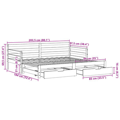 vidaXL Sofa rozsuwana z szufladami, bez materaca, białe, 90x200 cm