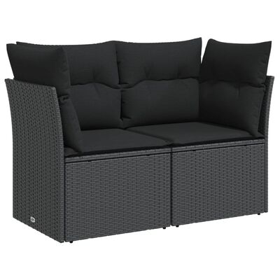 vidaXL Sofa ogrodowa z poduszkami, 2-osobowa, czarna, polirattan