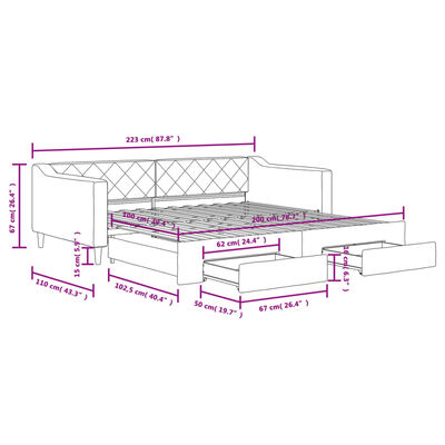 vidaXL Sofa rozsuwana z szufladami, kremowa, 100x200 cm, tkanina