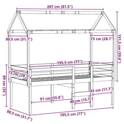 vidaXL Wysokie łóżko z dachem, 75x190 cm, lite drewno sosnowe