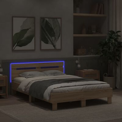 vidaXL Rama łóżka z wezgłowiem i LED, dąb sonoma, 135x190 cm